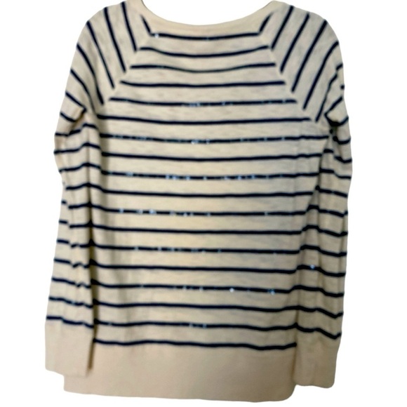J Crew T-shirt, long sleeve, cream with blue stripes, clear sequins. Banded hem. - Picture 2 of 8